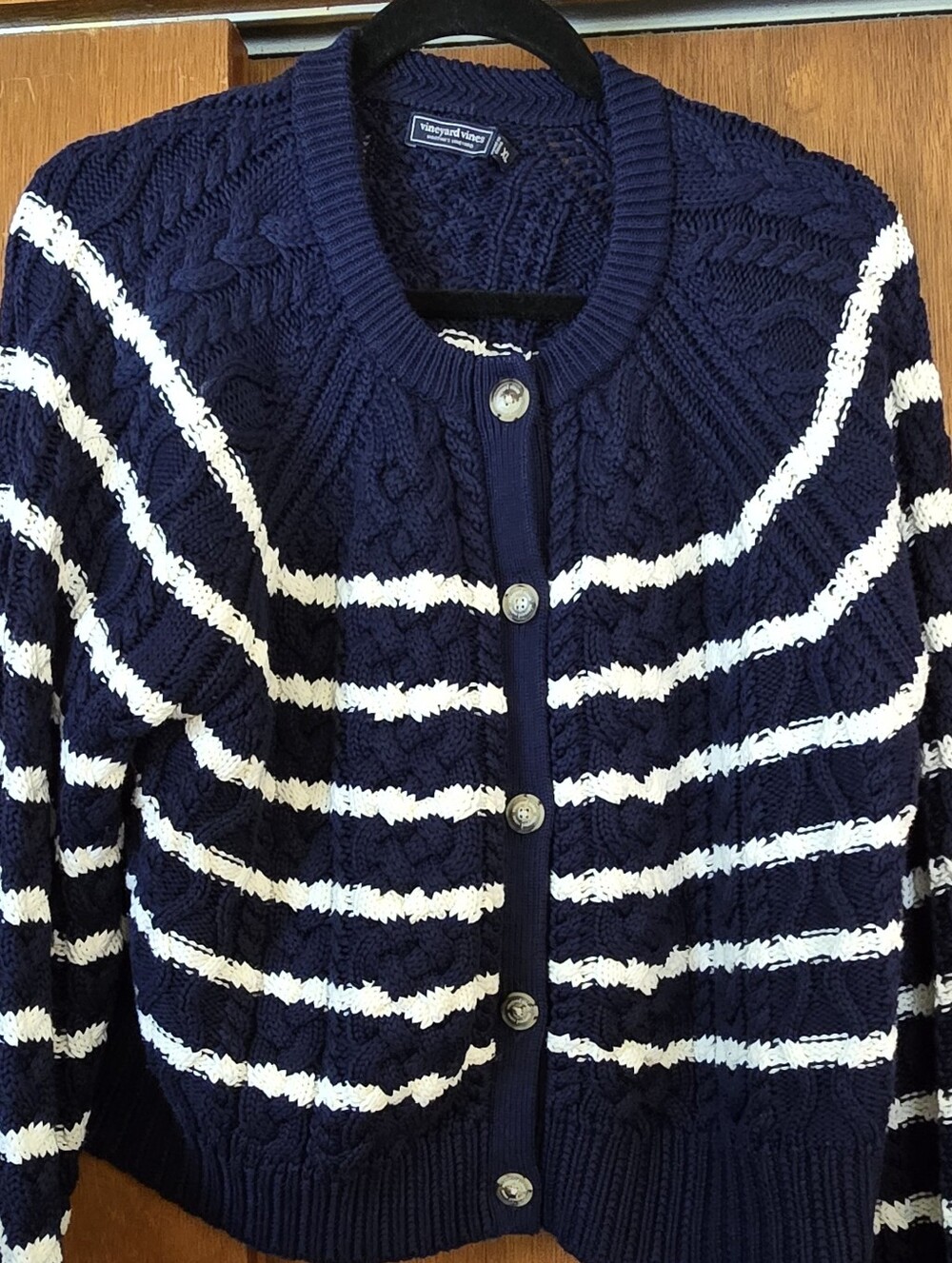 Vineyard Vines Navy and White Striped Cable-Knit Cardigan, XL